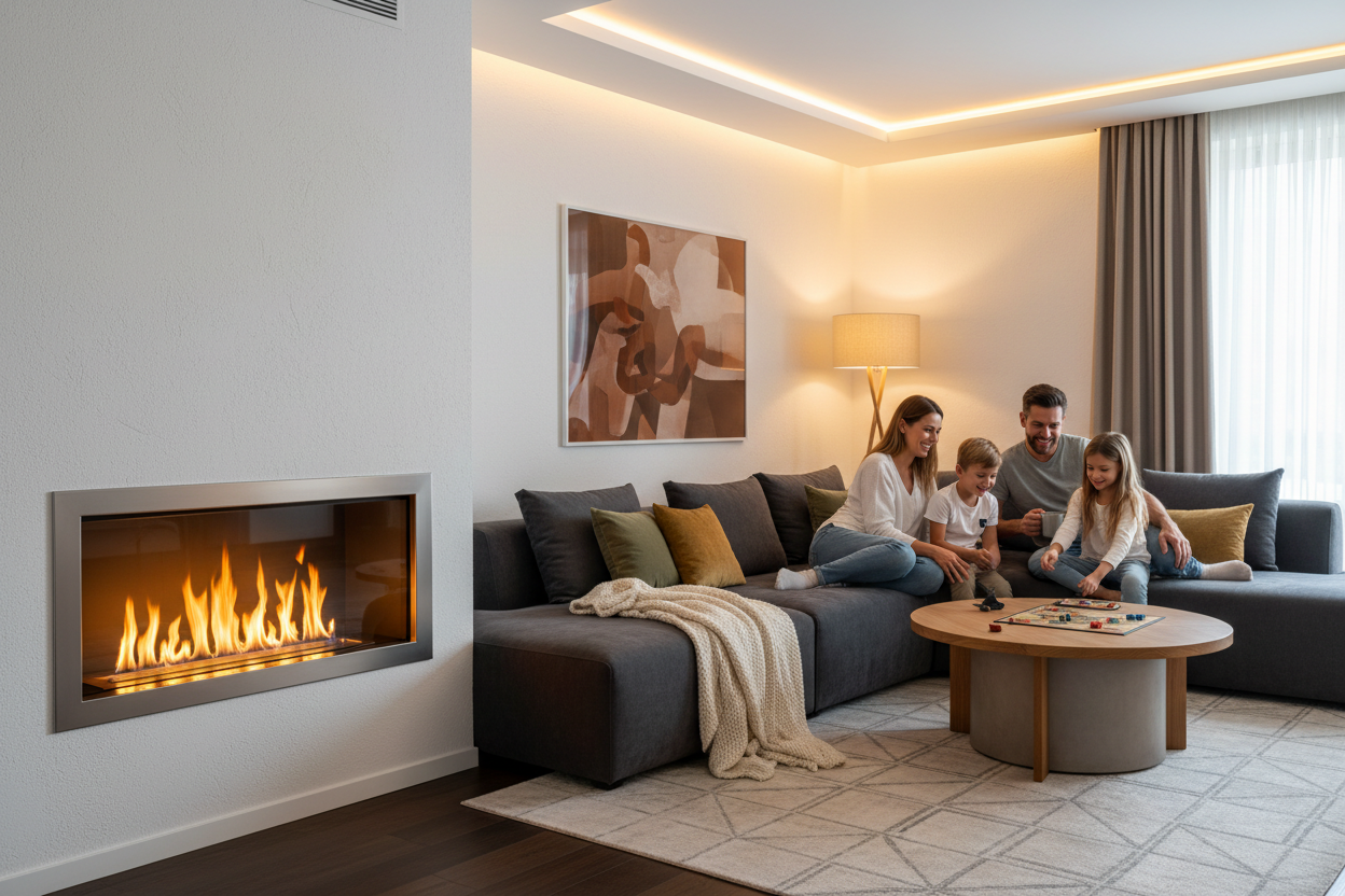 Premium built-in insert fireplace with real flame installed in a modern living room