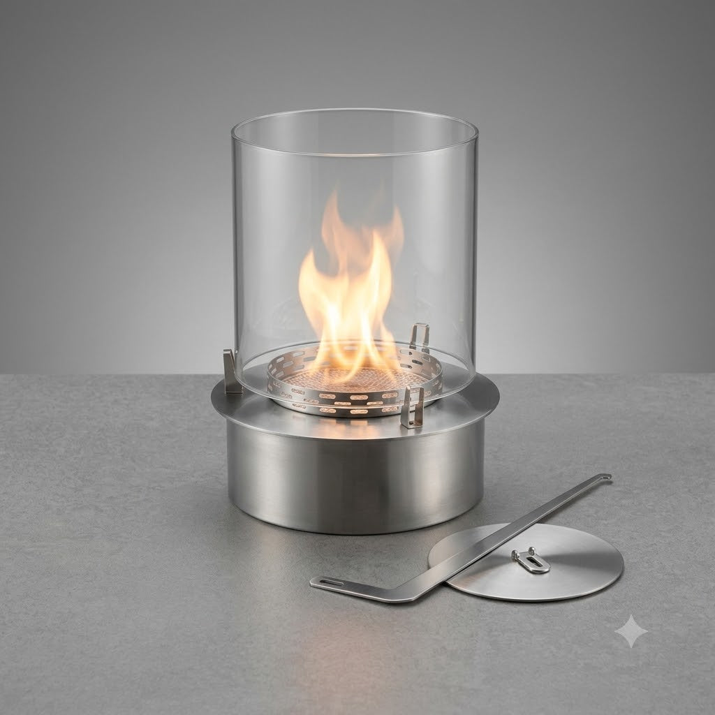Cheminée de table au bioéthanol ronde – Pare-feu en verre à 360°, acier inoxydable, aucune installation | SXFireplace 30*10.5cm-100*10.5 cm
