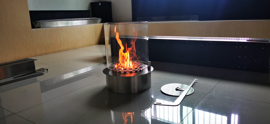 Round Tabletop Bioethanol Fireplace – 360° Glass Shield, Stainless Steel, No Installation | SXFireplace