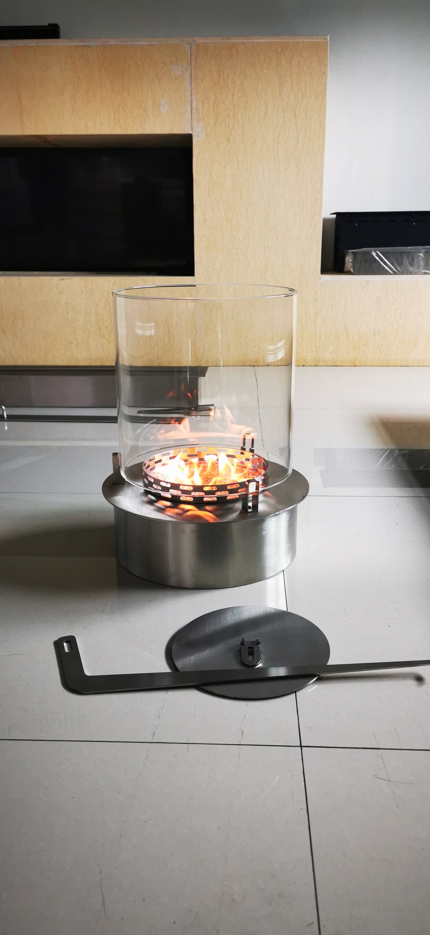 Cheminée de table au bioéthanol ronde – Pare-feu en verre à 360°, acier inoxydable, aucune installation | SXFireplace 30*10.5cm-100*10.5 cm