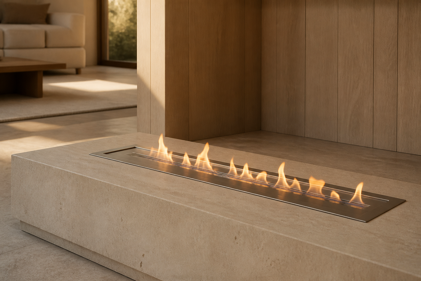 RX manual linear fireplace in a refined architectural interior