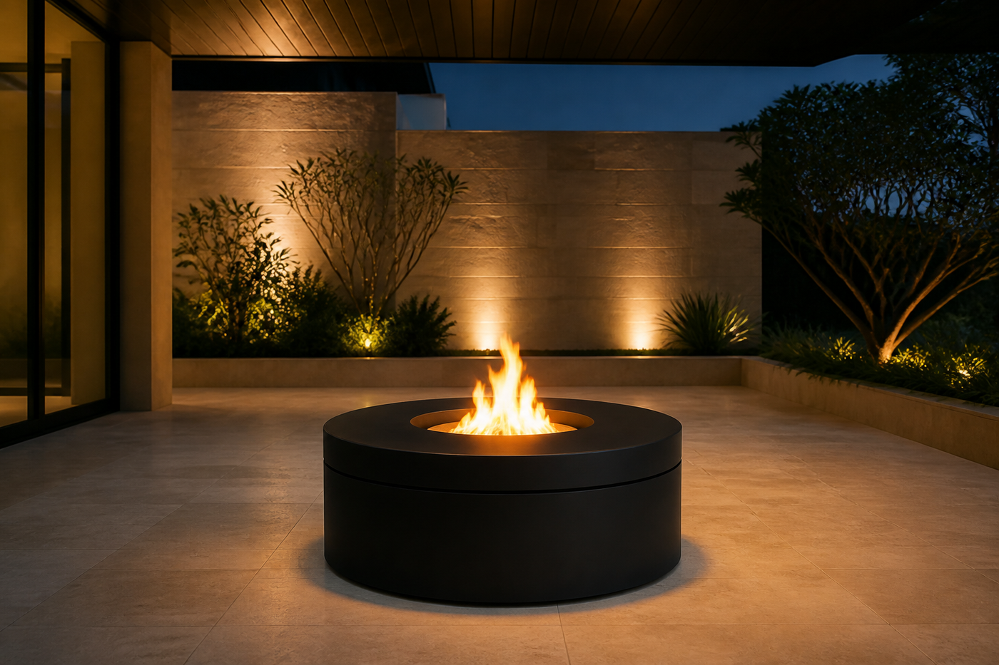 RX round manual fireplace in a luxury courtyard at dusk