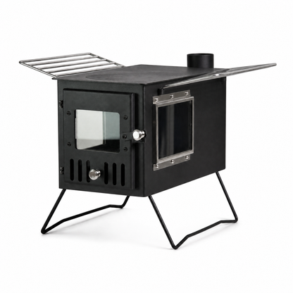 SXFireplace 07B02 dual-glass camping wood stove on white background