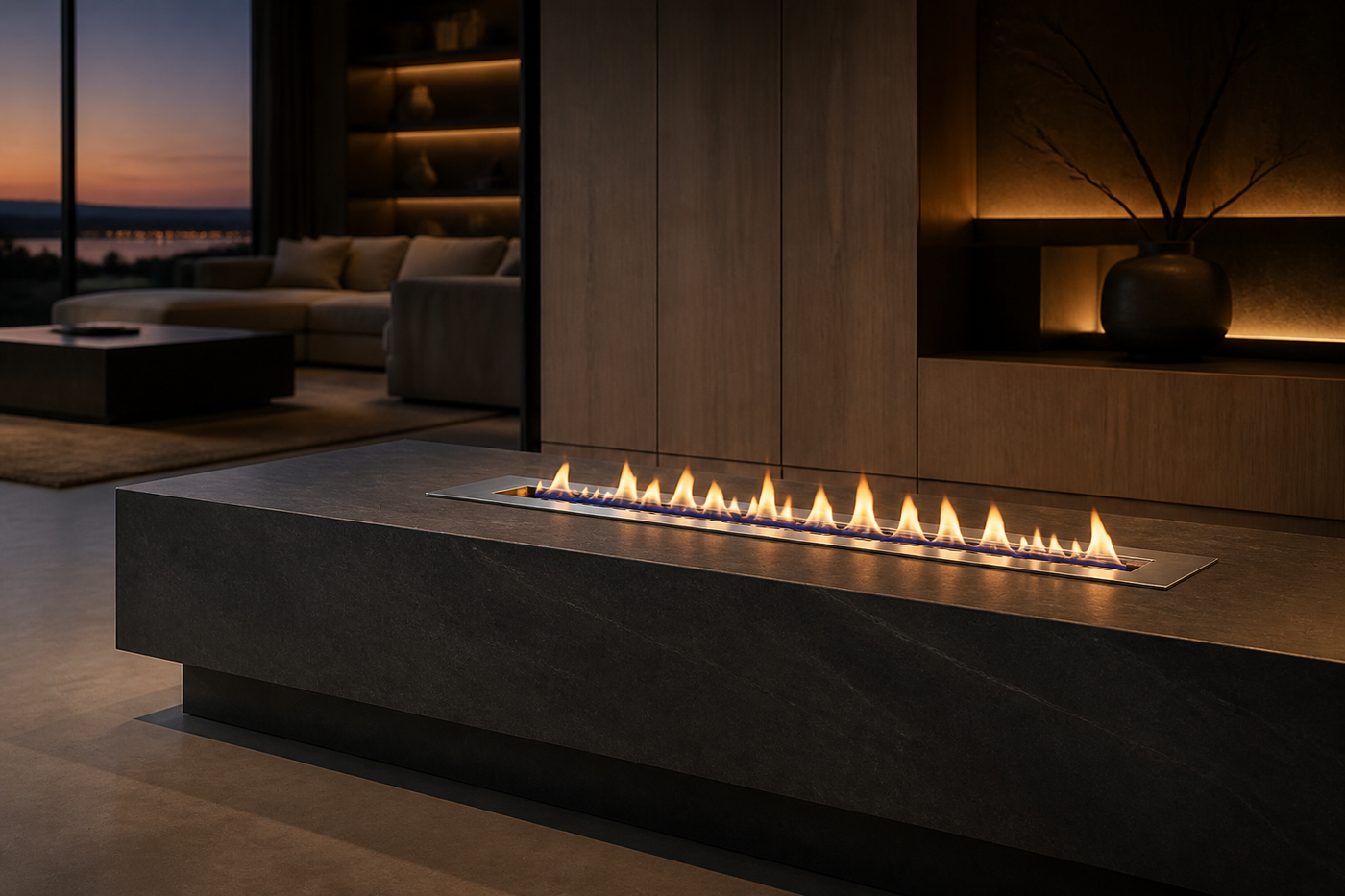 SXRX smart fireplace in a refined contemporary living room