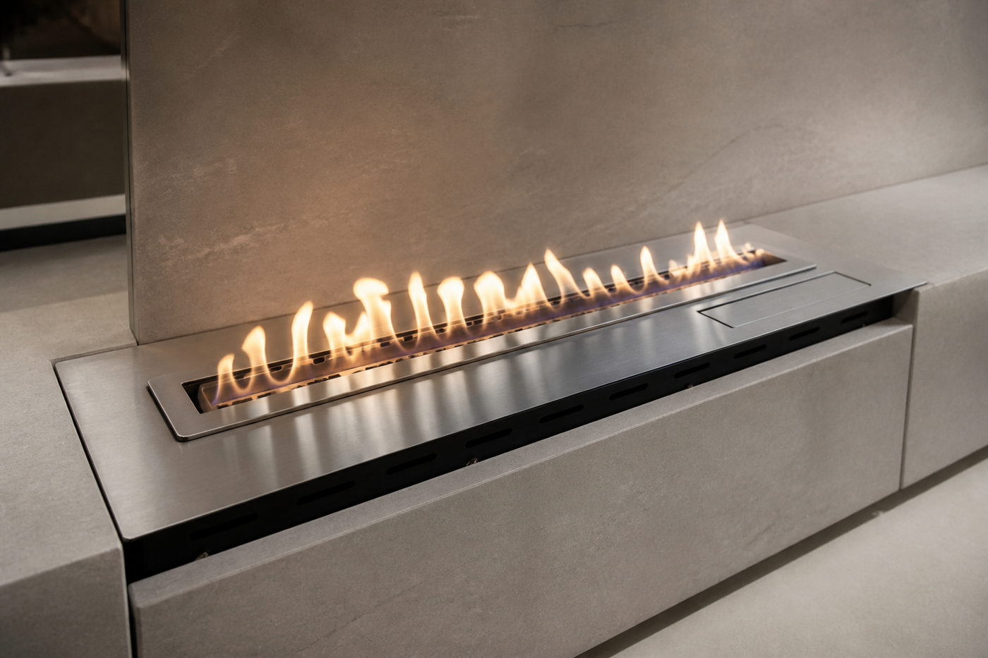 SXRX smart fireplace flush installed in a stone hearth
