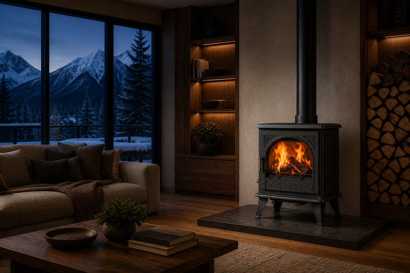 SXFireplace wood stove in a refined alpine interior