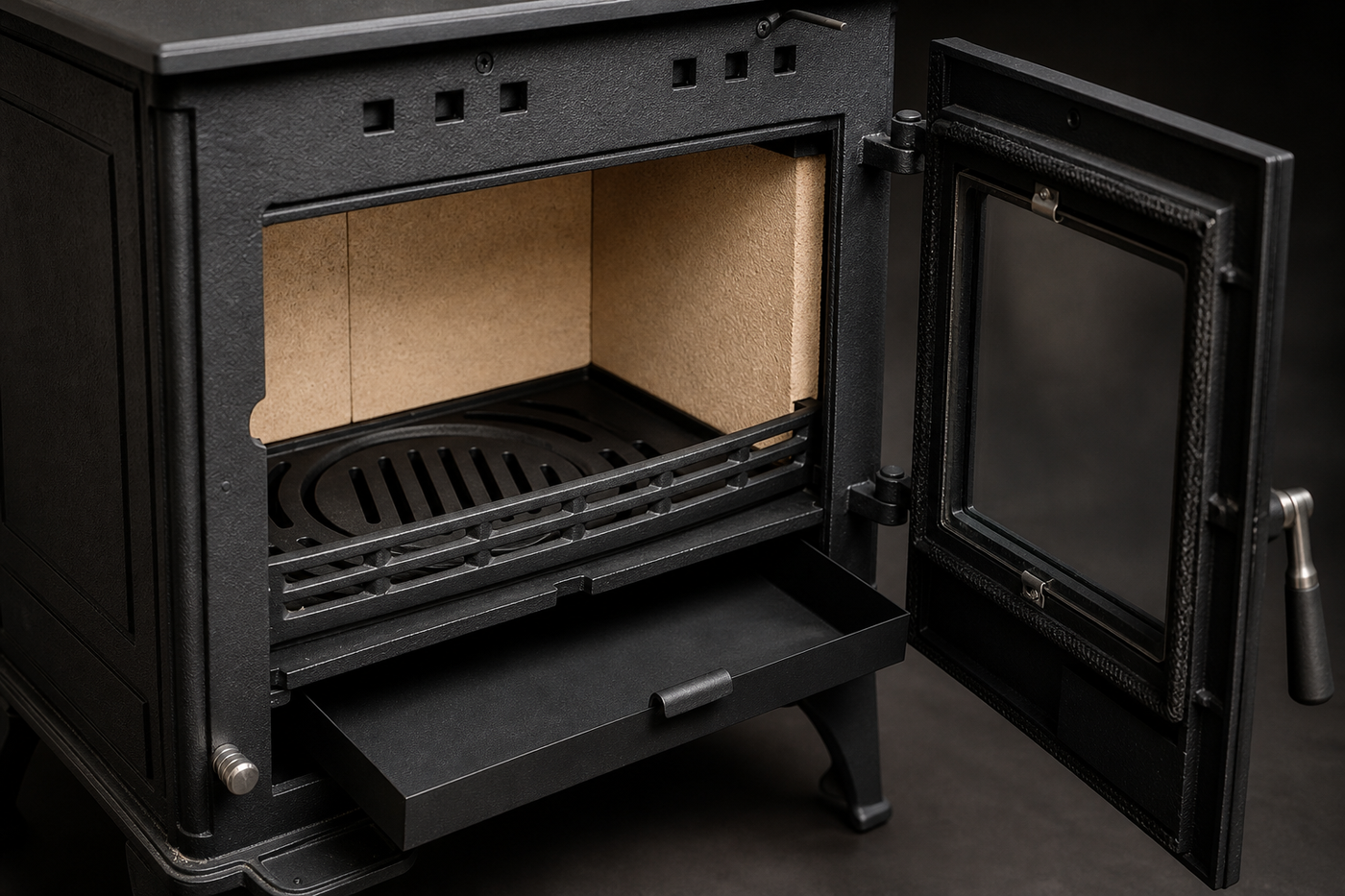Cast iron wood stove firebox and construction detail