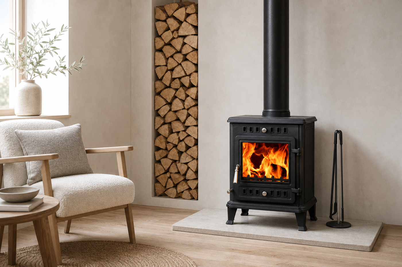 Compact wood stove in a bright contemporary living room